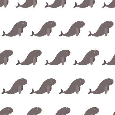 Dugon 'lu kusursuz bir deniz hayvanı deseni. Sualtı dünyası sakinleri baskı yapıyor. El yapımı sualtı yaşam vektör çizimi. Çocuk kumaşı ve tekstil için komik bir deniz hayvanı karakteri..
