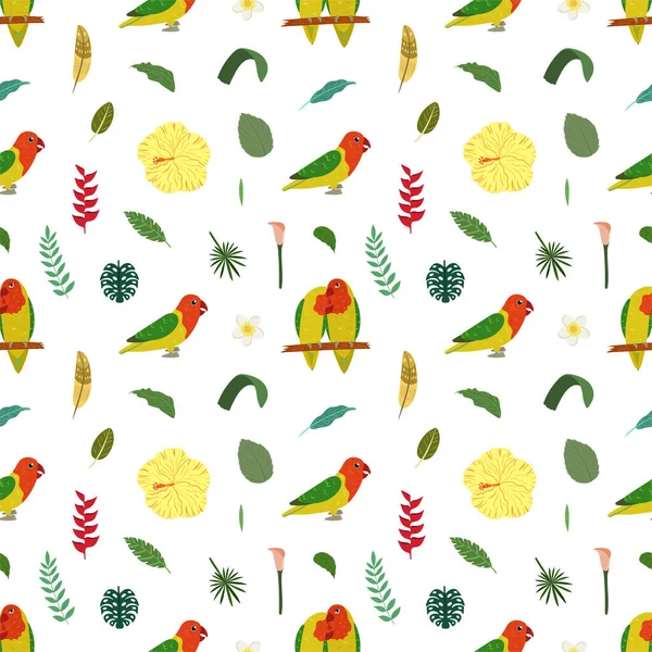 Nahtloses Muster mit Papageien am Stock und tropischen Blättern und Blüten. — Stockvektor