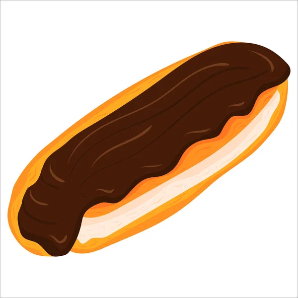 Cartoon illustration with eclair in chocolate glaze . Vector hand drawn graphic. — Stock Vector