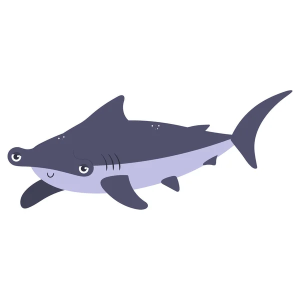 Ilustrasi kartun yang indah dengan hewan laut berwarna-warni hiu kepala hummerhead pada latar belakang putih untuk desain cetak. Grafik anak. - Stok Vektor