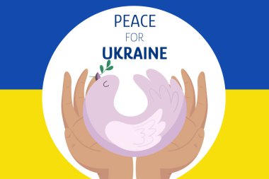 Ukrayna için barış. İki el güvercini tutuyor, Ukrayna bayrağı üzerinde beyaz bir daire çiziyor mavi ve sarı renkte. Savaş kavramını durdur