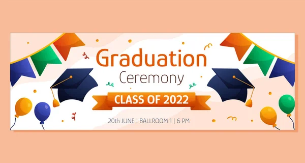 Graduation ceremony horizontal banner with colorful garlands, cap and ballons. Vector layout template. Degree ceremony invite. Student greeting design — ストックベクタ