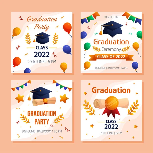 Graduation party and ceremony square social media template, set of four templates. Vector layout invitation template. Degree ceremony invite. Student greeting design — ストックベクタ