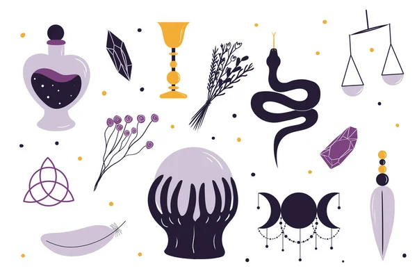 Set of witchcraft elements. Hand drawn collection in clean modern style. Wiccan themed illustrations, mysticism, spiritualism. Vol.3. — ストックベクタ