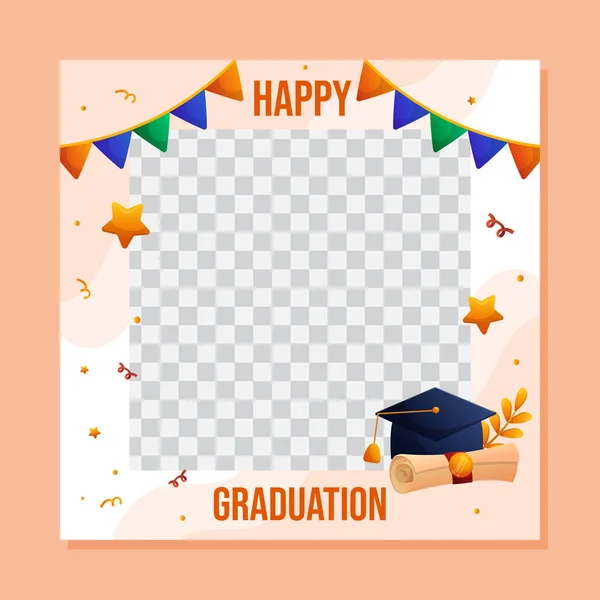 Șablon pătrat de absolvire social media cu spațiu gol pentru fotografia studenților. Design de salut aspect vectorial cu frază Happy Graduation, capac și scrip, ghirlande colorate — Vector de stoc