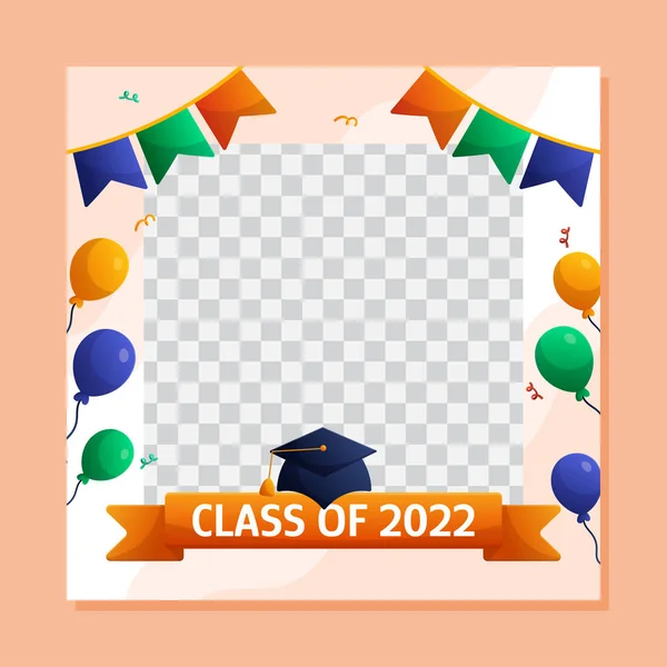 Graduation square social media template with empty space for student photo. Vector layout greeting design with cap, ribbon, colorful garlands and balloons — ストックベクタ