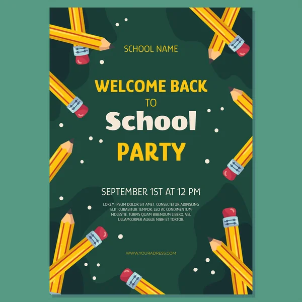 Back School Party Poster Template Classic Yellow Pencil Eraser Pencils — ストックベクタ