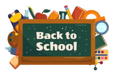 Colorful back to school background with classroom chalkboard and different studying supplies behind it. Vector illustration design with blackboard and copy space