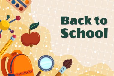 Colorful back to school background template with different studying supplies - bag, yellow pencil with pink eraser, apple molecule, paint brush magnifier. Vector illustration design with copy space