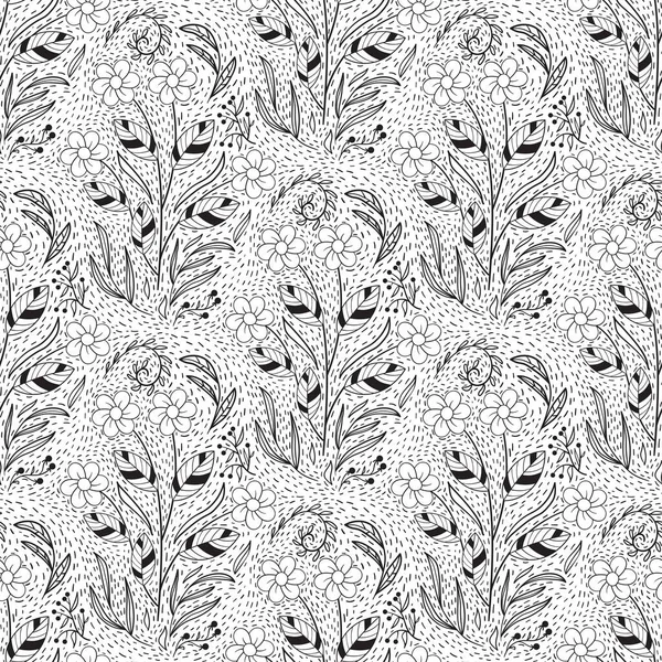 Motif Floral Sans Couture Dans Style Ligne Noir Blanc Avec — Image vectorielle
