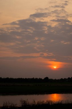Karanlık gökyüzü, ağaç ve göl siluetleri ile dramatik günbatımı manzarası. Göl manzaralı gökyüzü