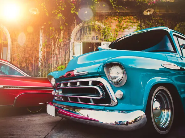 Blue Vintage Classic Car Colorful Street Old Town Travel Tourism — Stock Photo, Image