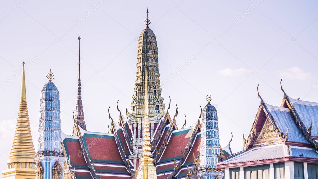 Golden Stupa of Temple of the Emerald Buddha.  Wat Phra Si Rattana Satsadaram.  Wat Phra Kaew. landmark of Bangkok Thailand