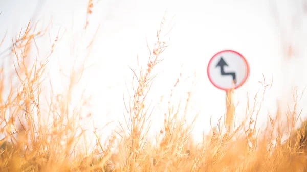 乾燥した草の自然草原フィールド上の交通道路交通標識 — ストック写真