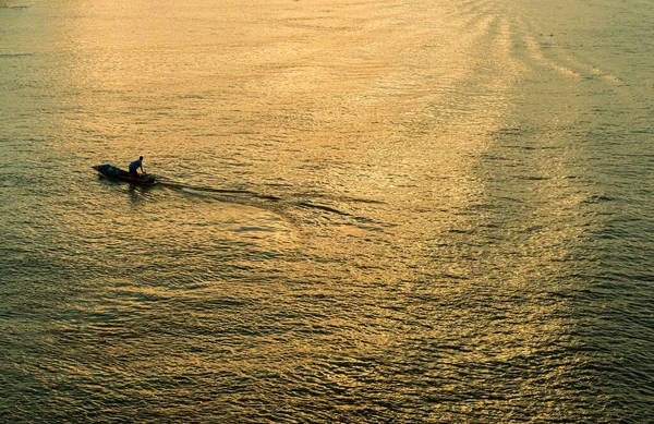 Panorama Nature Landscape Long Tail Boat Riding Sunset River Bangkok — Stock Photo, Image
