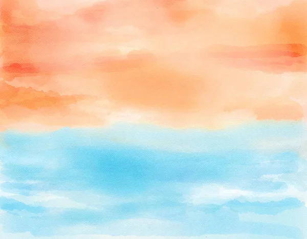 Sunset Ocean Orange Sky Blue Sea Watercolor — Zdjęcie stockowe