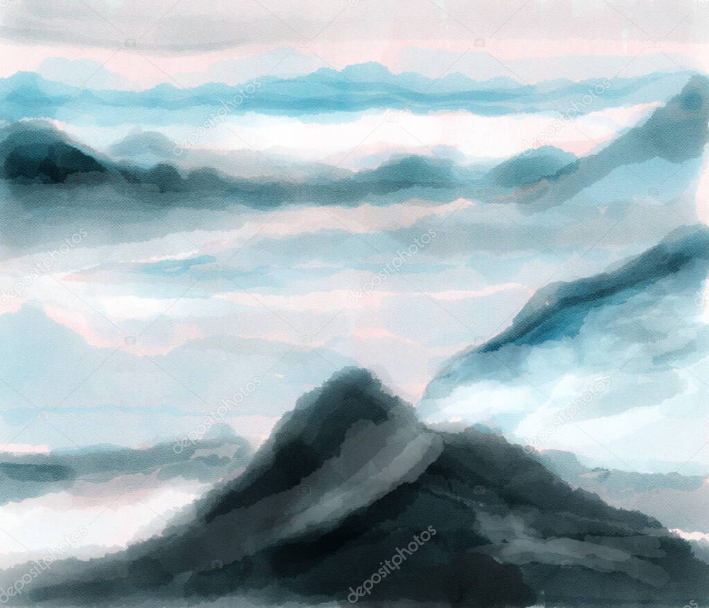 Watercolor illustration, distant mountains peaks and foggy hills background bule color monotone.