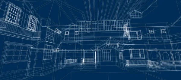 スマートハウスオートメーションシステムデジタルインテリジェント技術抽象的な背景アーキテクチャ内部青の背景に3Dワイヤーフレーム構造 — ストック写真