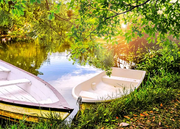 Rowing Boat Lake Calm Lake Vacation Concept Background — ストック写真