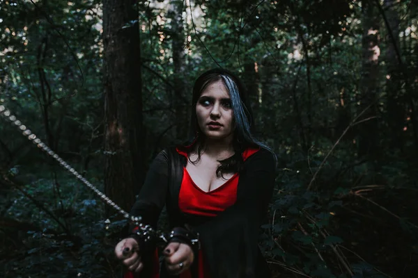 Menina Vestido Histórico Uma Floresta Coníferas — Fotografia de Stock