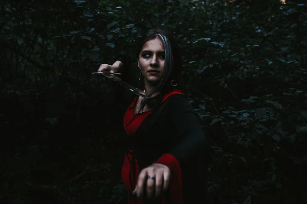 Menina Vestido Histórico Uma Floresta Coníferas — Fotografia de Stock