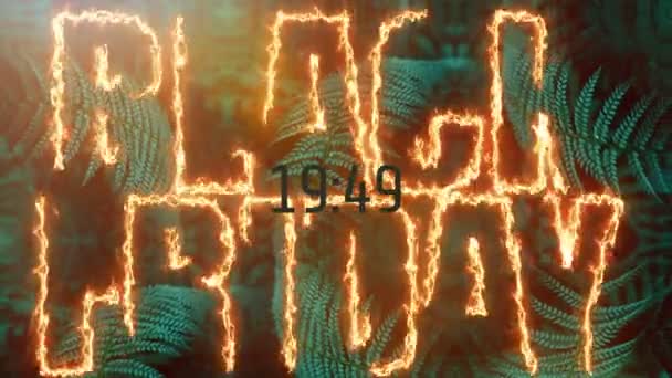 Black Friday Schild mit Countdown-Timer animierte brennende Buchstaben auf dunkelgrünen Farnblättern — Stockvideo
