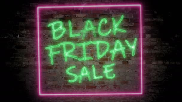 Neon Black Friday znak sprzedaży Flickering na ścianie z cegły — Wideo stockowe