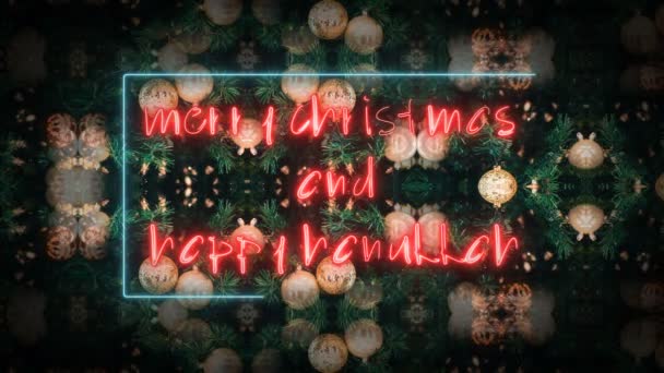 Letras de néon vermelho de Natal 3D com Feliz Natal e feliz sinal hanukkah — Vídeo de Stock