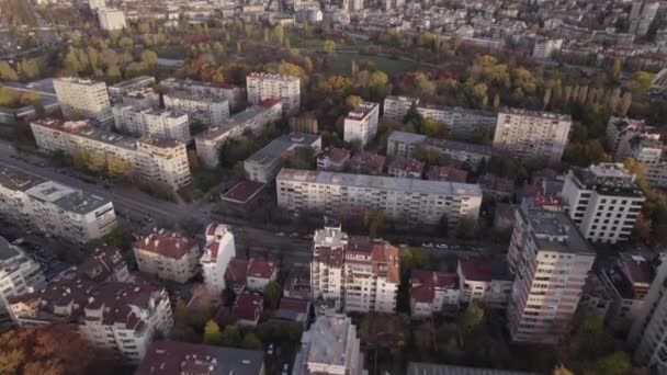 Vue urbaine des maisons vivantes et des parcs avec sommets d'arbres d'automne colorés — Video