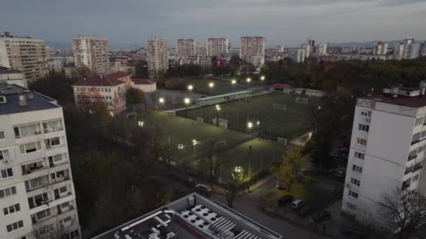 Letecký pohled na fotbalová hřiště v městském parku proti městské krajině ve večerních hodinách — Stock video