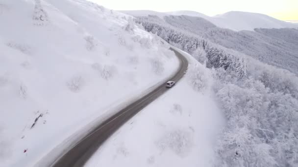 Chase car at mountain winter travel story frozen trees — Vídeo de Stock