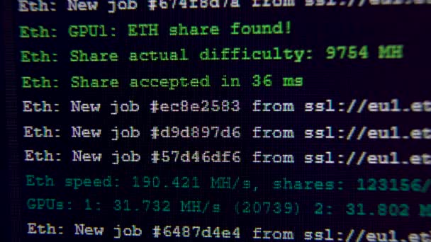 Ethereum Mining Screen Zobrazuje frázi — Stock video