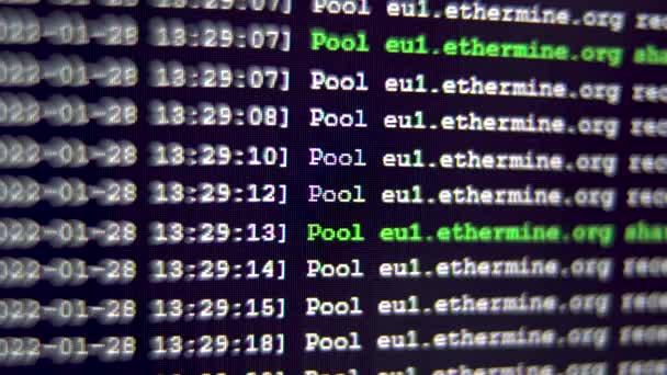 Διαδικασία λογισμικού κρυπτογράφησης της εξόρυξης ethereum εμφανίζει στην οθόνη του υπολογιστή — Αρχείο Βίντεο