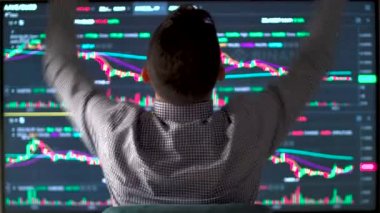 Serbest çalışan komisyoncuların bilgisayar monitörlerine bakmaları ve borsada başarılı ticareti kutlayan jest yapmaları. Bitcoin ve borsa ticareti kavramı. Yüksek kalite 4k görüntü