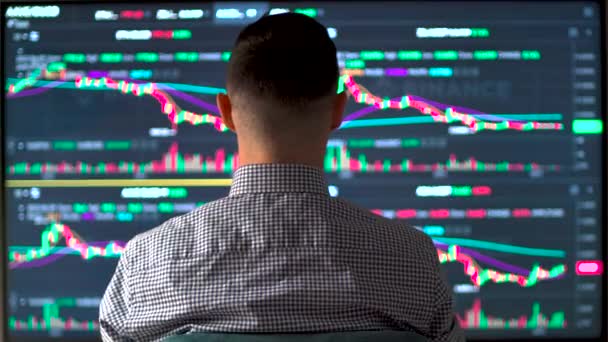 Vista Posteriore Del Commerciante Azionario Frustrato Guardando Grafici Finanziari Crypto — Video Stock