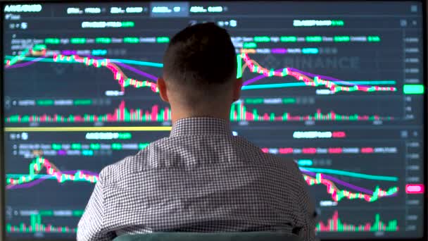 Vista Trasera Los Operadores Acciones Frustrados Mirando Los Gráficos Financieros — Vídeos de Stock