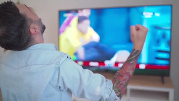 Slow Motion Rejoicing Football Fan Watching World Cup 2022 Qatar — Stock videók