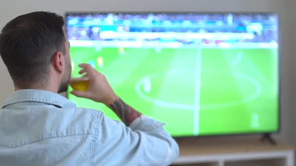 Football Fan Dringing Beer Watching World Cup 2022 Qatar Home — стоковое видео
