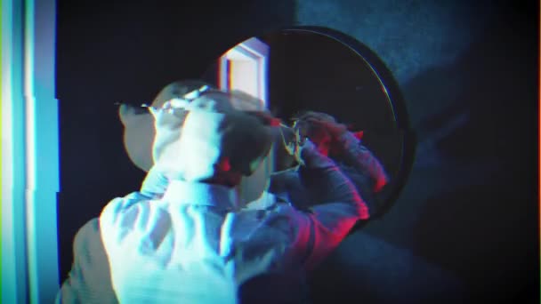 Scary Man Puts Pig Mask Straightens His Shirt Front Mirror — Stock videók