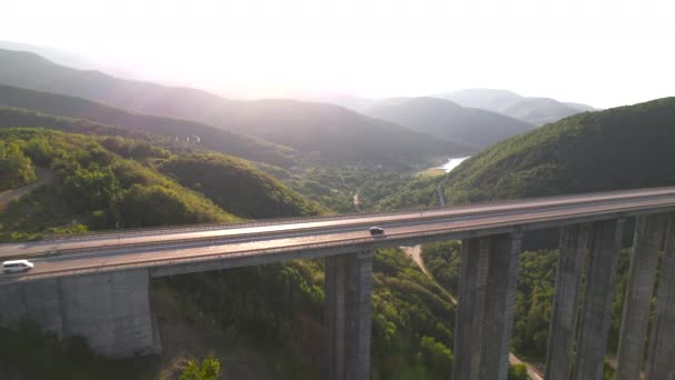 Beautiful Highway Bridge Mountains Cars Driving Viaduct Summer Traffic Aerial — Stock Video