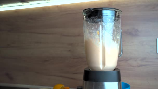 Young Healthy Man Putting Fruits His Blender Morning Male Hands — Stockvideo