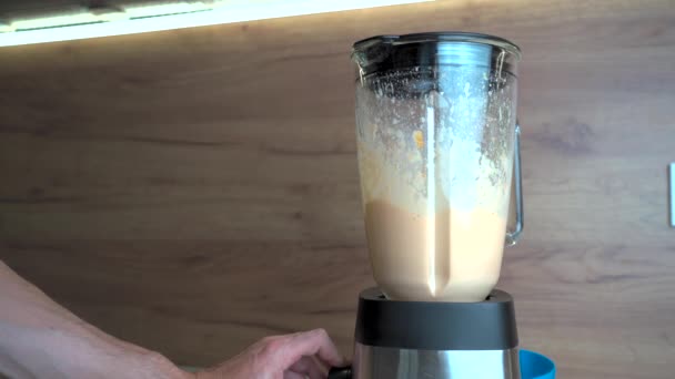 Young Healthy Man Putting Fruits His Blender Morning Male Hands — Stockvideo