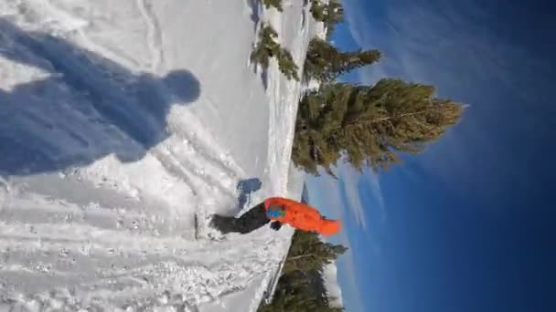 Namierzam Mężczyznę Snowboardzie Człowiek Jazda Snowboardzie Szybko Dół Między Drzewami — Wideo stockowe