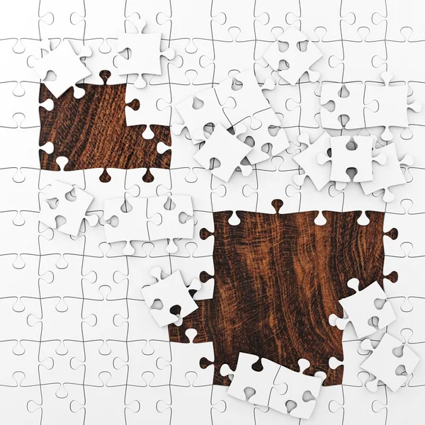 Weißes Puzzle mit Holzhintergrund — Stockfoto