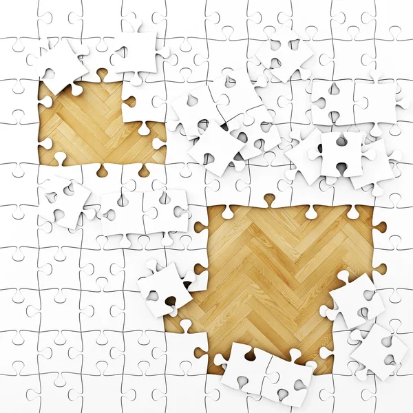 Bílý puzzle s dřevěnou podlahou, pozadí — Stock fotografie