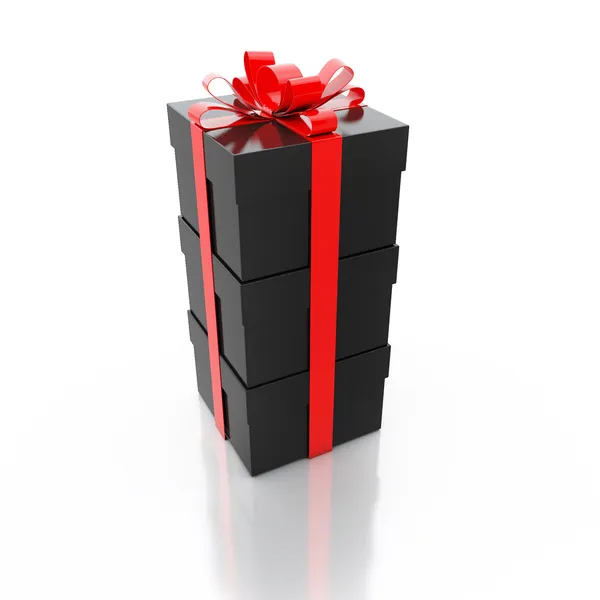 Pacote de caixas de presente preto com fita vermelha isolada no fundo branco — Fotografia de Stock