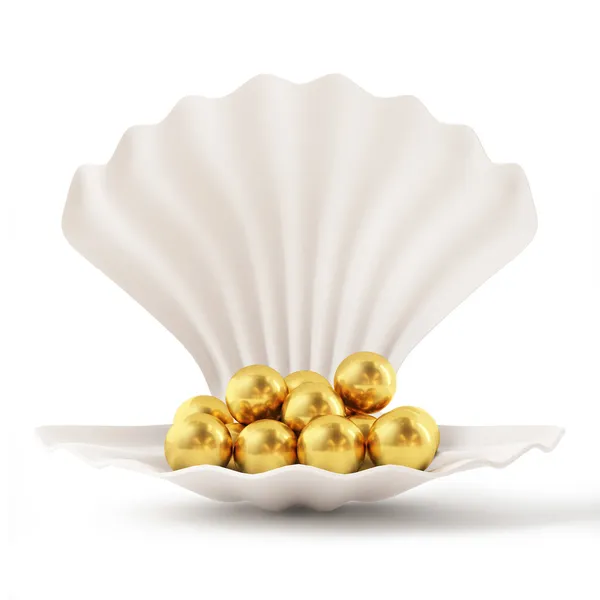 Concha blanca 3d con perlas doradas aisladas sobre fondo blanco —  Fotos de Stock