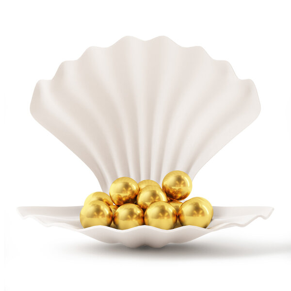 3d White Shell with Golden Pearls isolated on white background