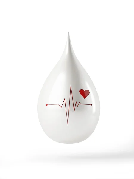 3D vit droppe med e.k.g illustration och hjärta form isolerad på vit bakgrund — Stockfoto