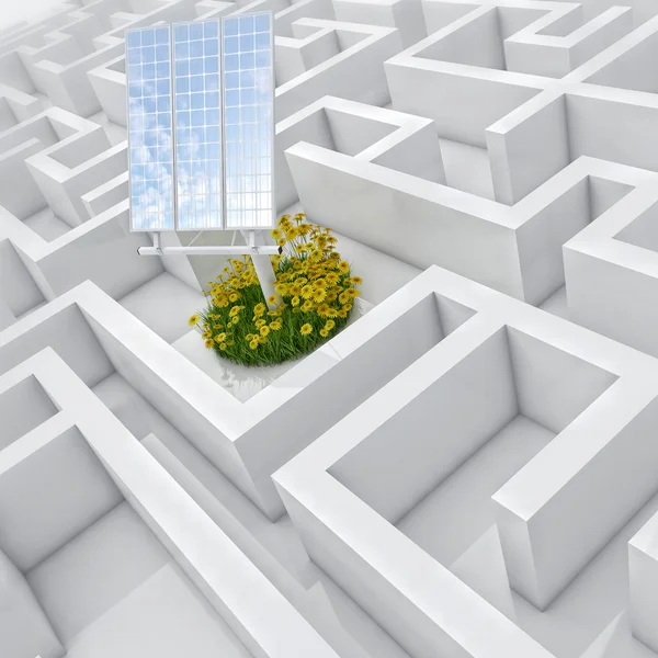 White labyrinth, problem solved, solar panel with grass and flowers in abstract maze — Stock Photo, Image